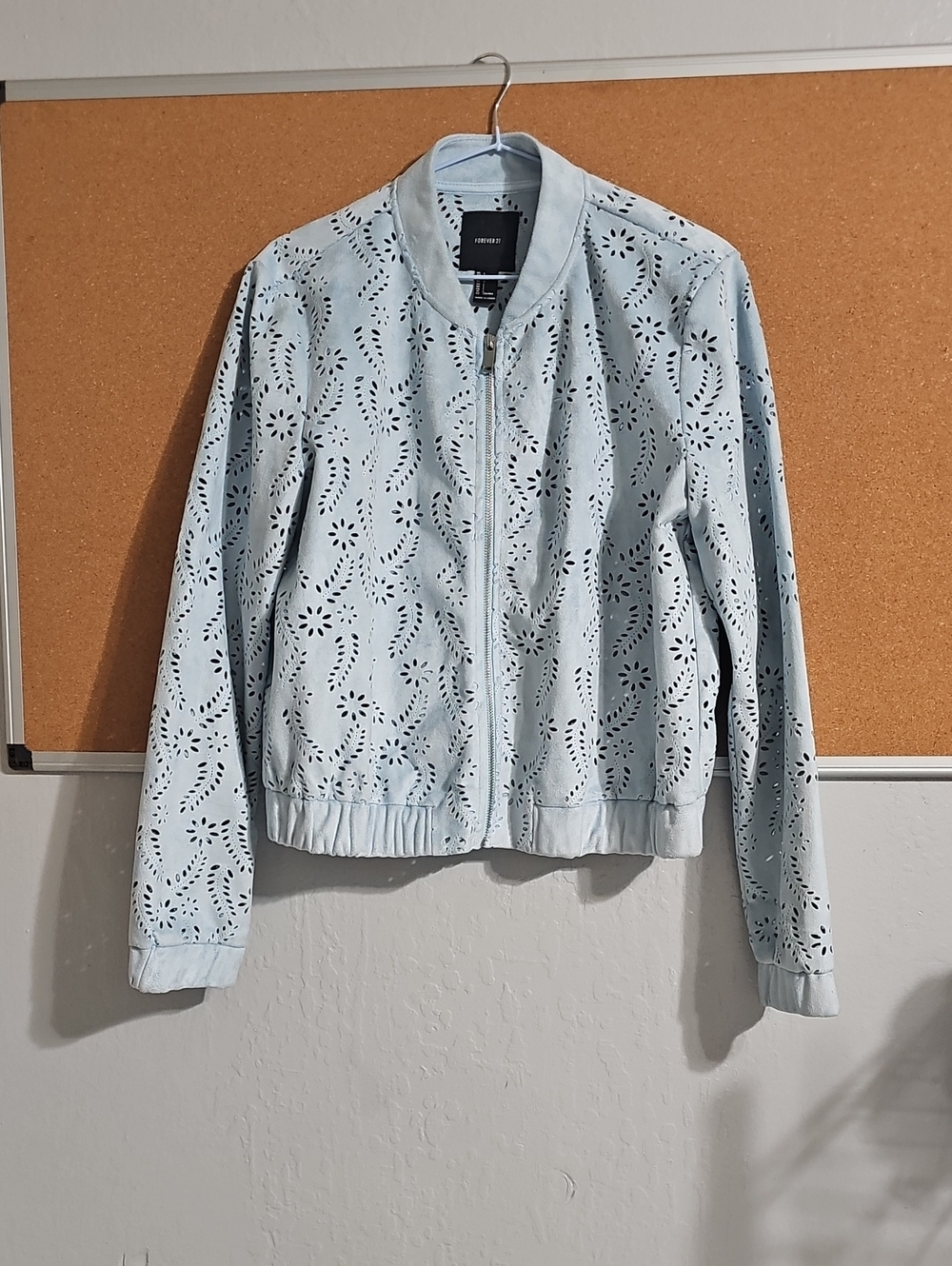 Forever 21 Baby Blue Laser-Cut Bomber Jacket